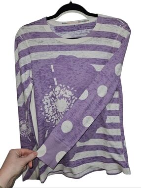 Y2K Before + Again Top Thermal Long Sleeve Purple Floral Stripe Polka Dots